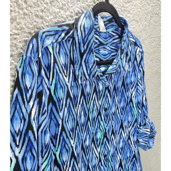 Tunic Top Womens L Blue Button Up Long Roll Tab Sleeves Collar Casual Geometric - Picture 5 of 12